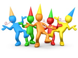 Royalty-free computer generated 3D clipart picture of a diverse group of colorful people wearing party hats and blowing noise makers while dancing at a birthday or new years eve party.